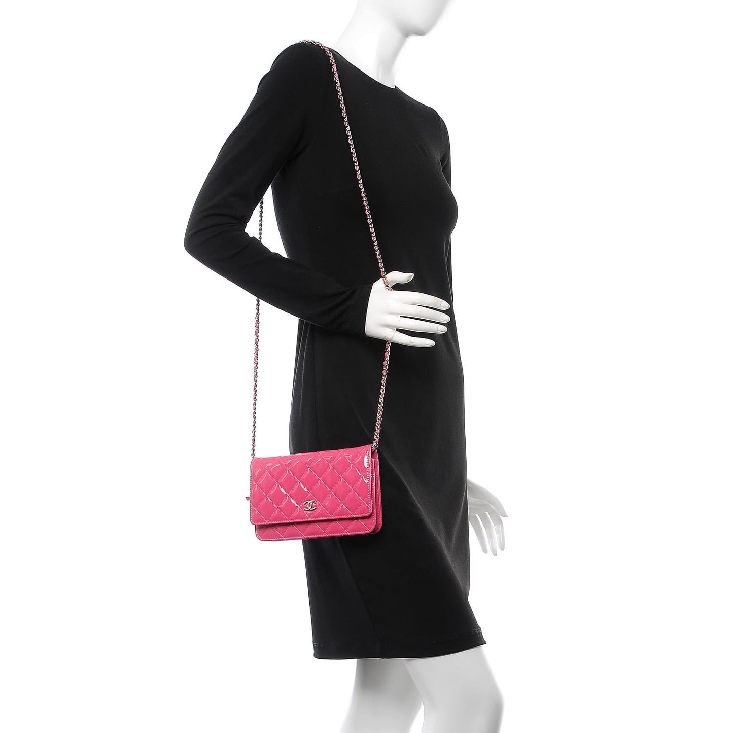 Patent Quilted Wallet On Chain WOC Fuchsia