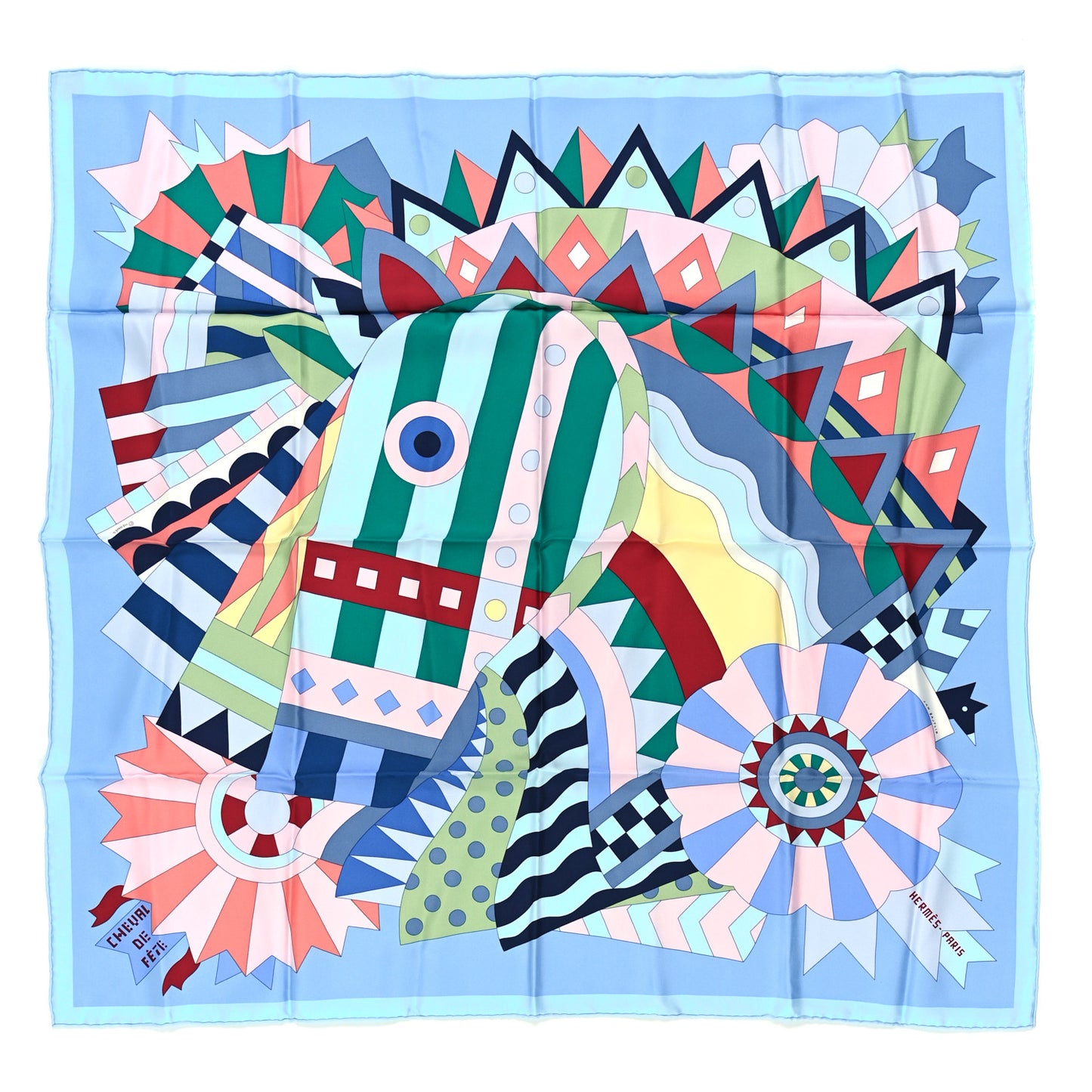Silk Cheval de Fette Scarf 90 Bleu Ciel Vert Rose