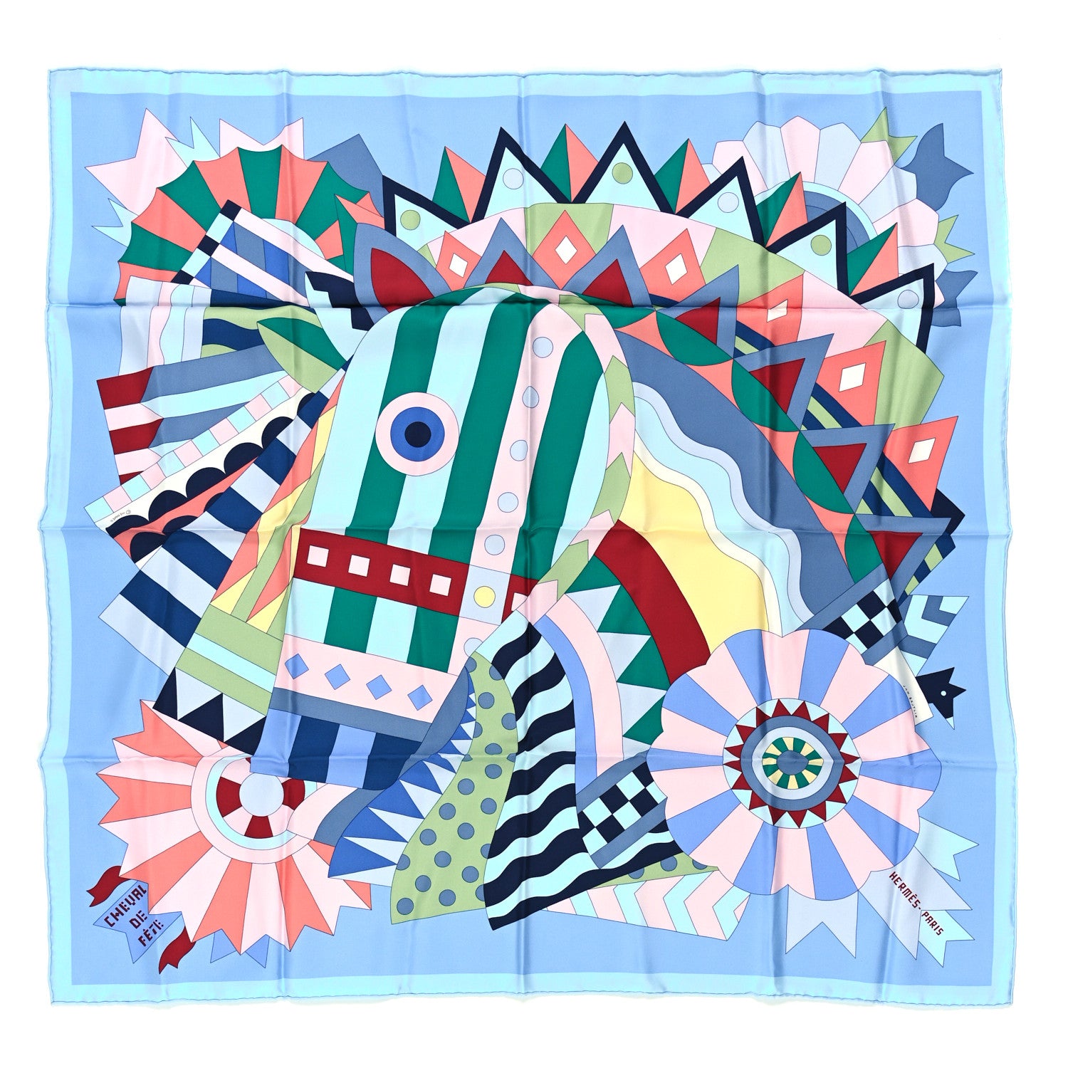 Hermes Silk Cheval de Fette Scarf 90 Bleu Ciel Vert Rose 1 of 6