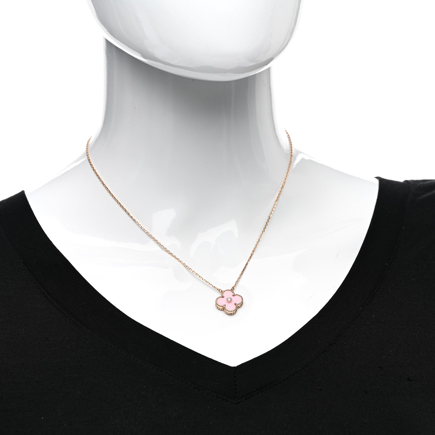 Van Cleef & Arpels 18K Rose Gold Diamond Pink Porcelain Vintage Alhambra Pendant Necklace 2 of 5