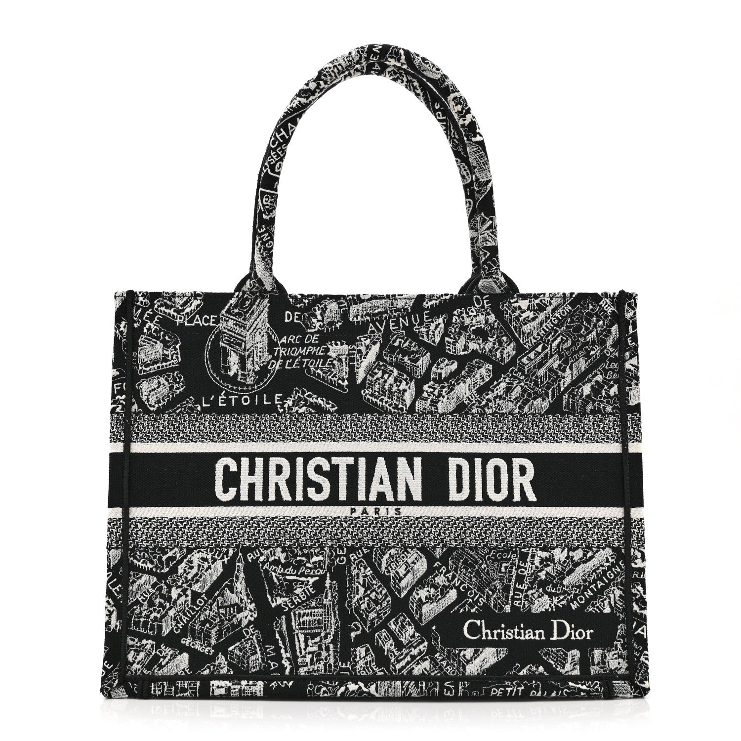 Christian Dior Canvas Embroidered Medium Plan De Paris Book Tote Black White 1 of 10