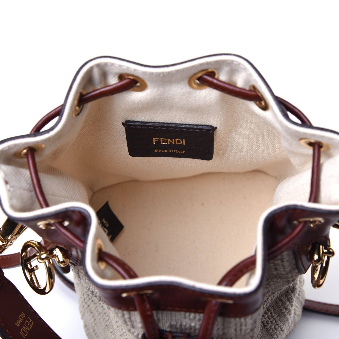 Sardinian Jacquard Vitello King F is Fendi FF 1974 Embroidered Mini Mon Tresor Bucket Bag Corda Praline