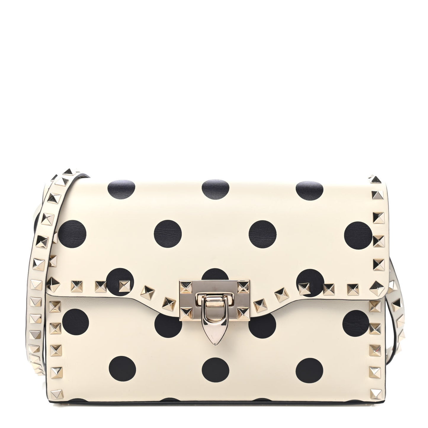 Vitello Polka Dot Medium Rockstud Flip Lock Crossbody Bag Light Ivory Black