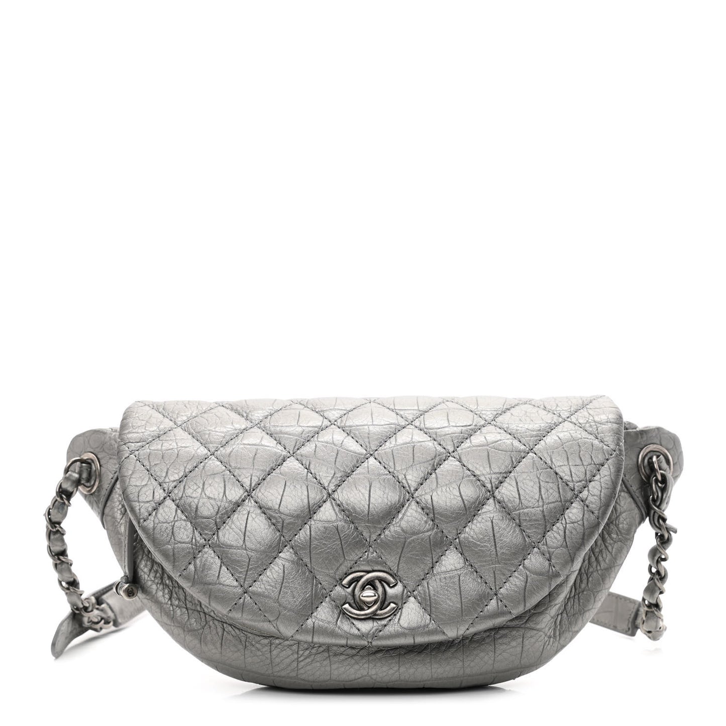 Metallic Calfskin Crocodile Embossed Quilted Easy Trip Waist Bag Fanny Pack Silver