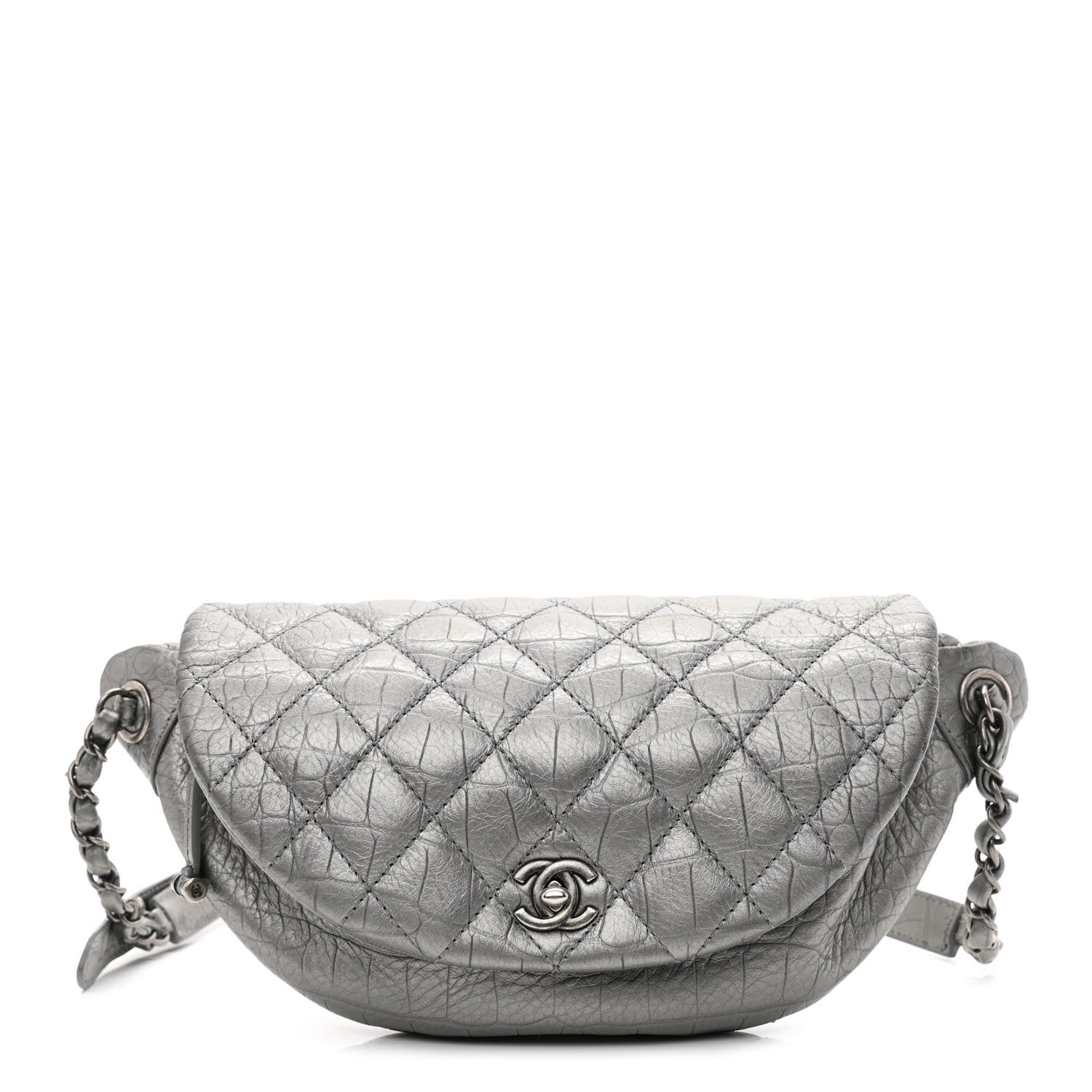 Chanel Metallic Calfskin Crocodile Embossed Quilted Easy Trip Waist Bag Fanny Pack Silver 1 of 11