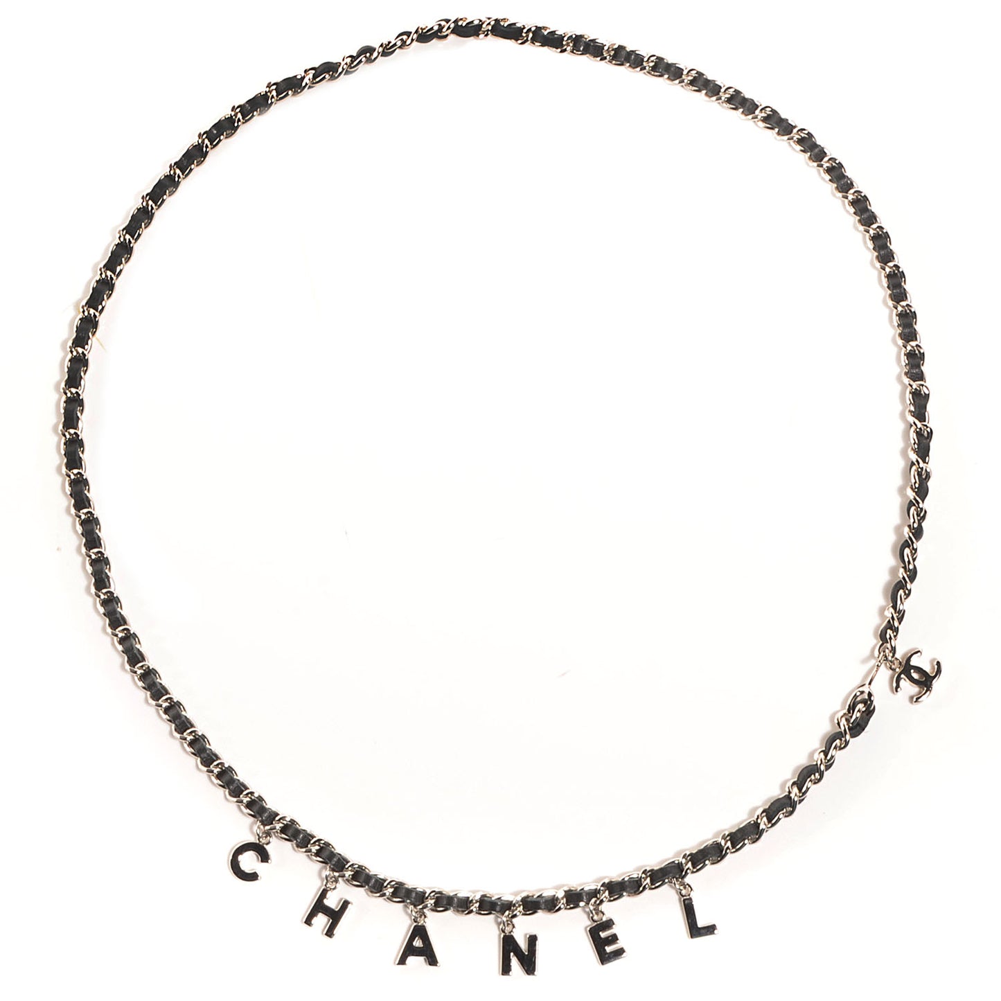 Leather Chain Logo Belt Black Silver