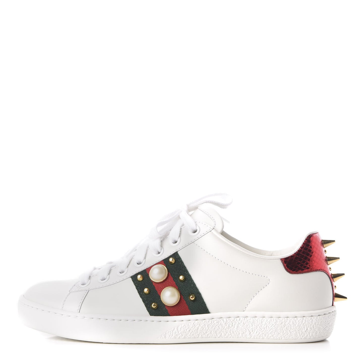 Calfskin Web Pearl Studded Womens Ace Sneakers 35 White