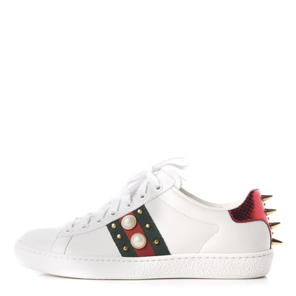 Gucci Calfskin Web Pearl Studded Womens Ace Sneakers 35 White 1 of 11