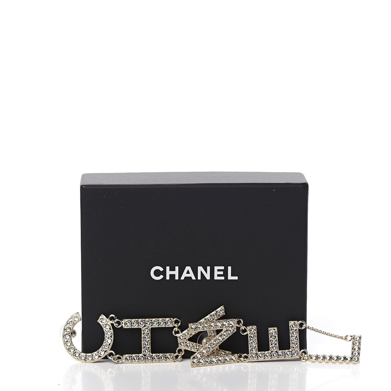 Chanel Crystal Cha-Nel Logo Drop Earrings Gold 5 of 5