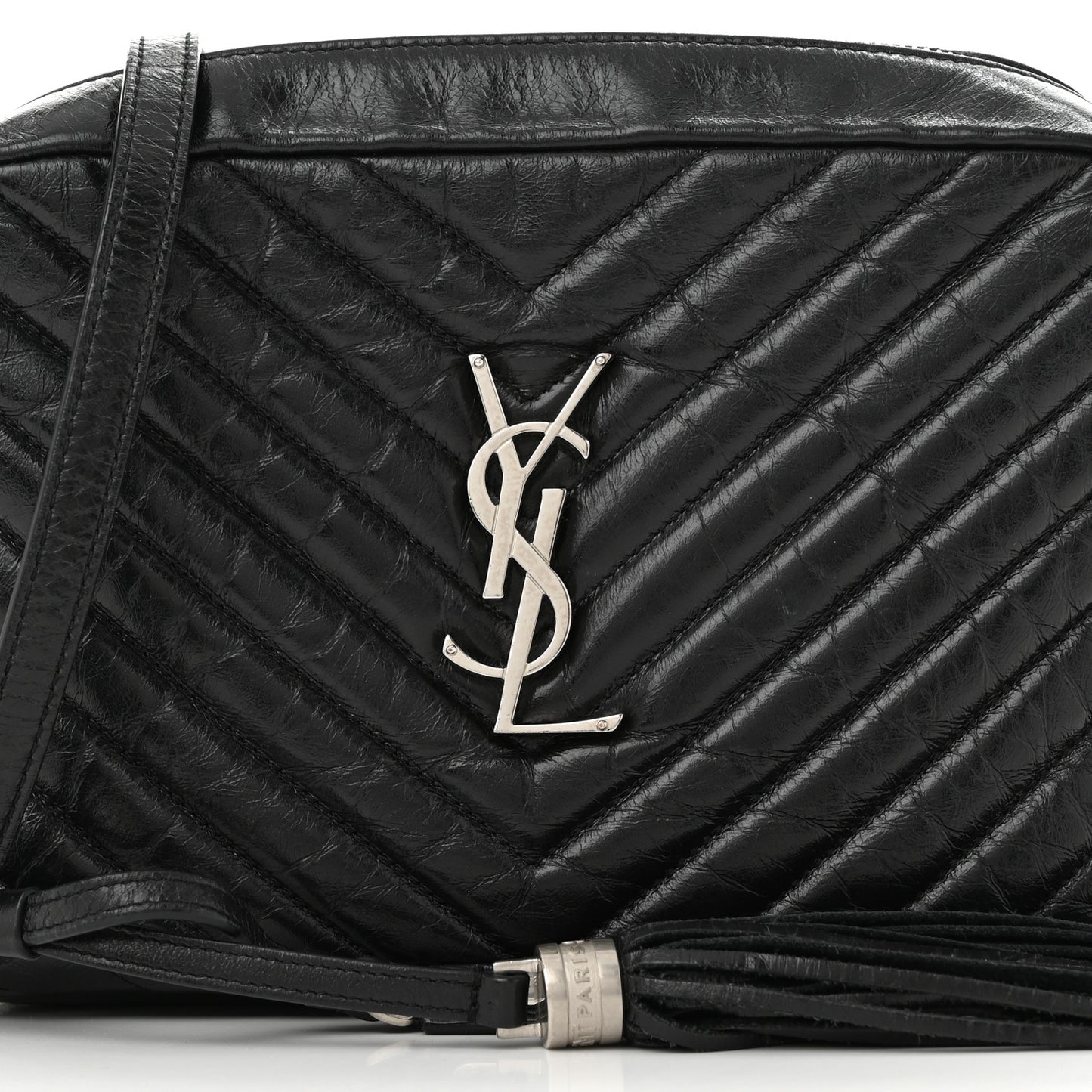 Cracked Shiny Calfskin Matelasse Monogram Lou Camera Bag Black