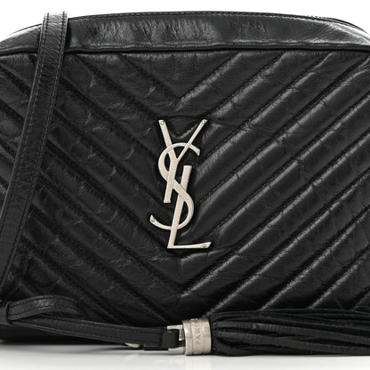 Saint Laurent Cracked Shiny Calfskin Matelasse Monogram Lou Camera Bag Black 8 of 11