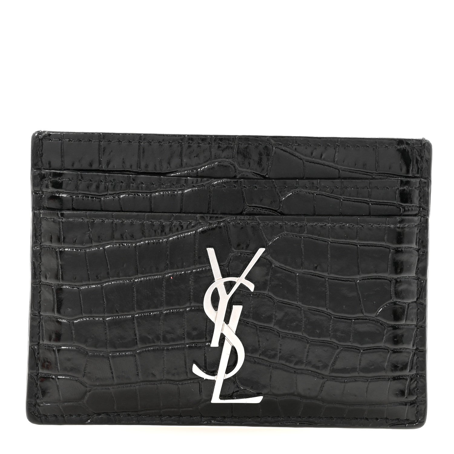 Saint Laurent Calfskin Crocodile Embossed Monogram Credit Card Case Black 1 of 8