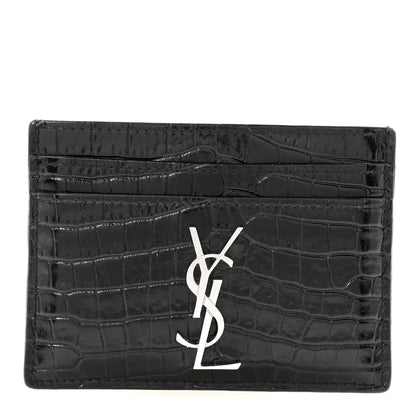 Saint Laurent Calfskin Crocodile Embossed Monogram Credit Card Case Black 1 of 8