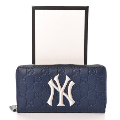 Gucci X MLB Guccissima Signature NY Yankees Embroidered Zip Around Wallet Royale Ivory 9 of 9