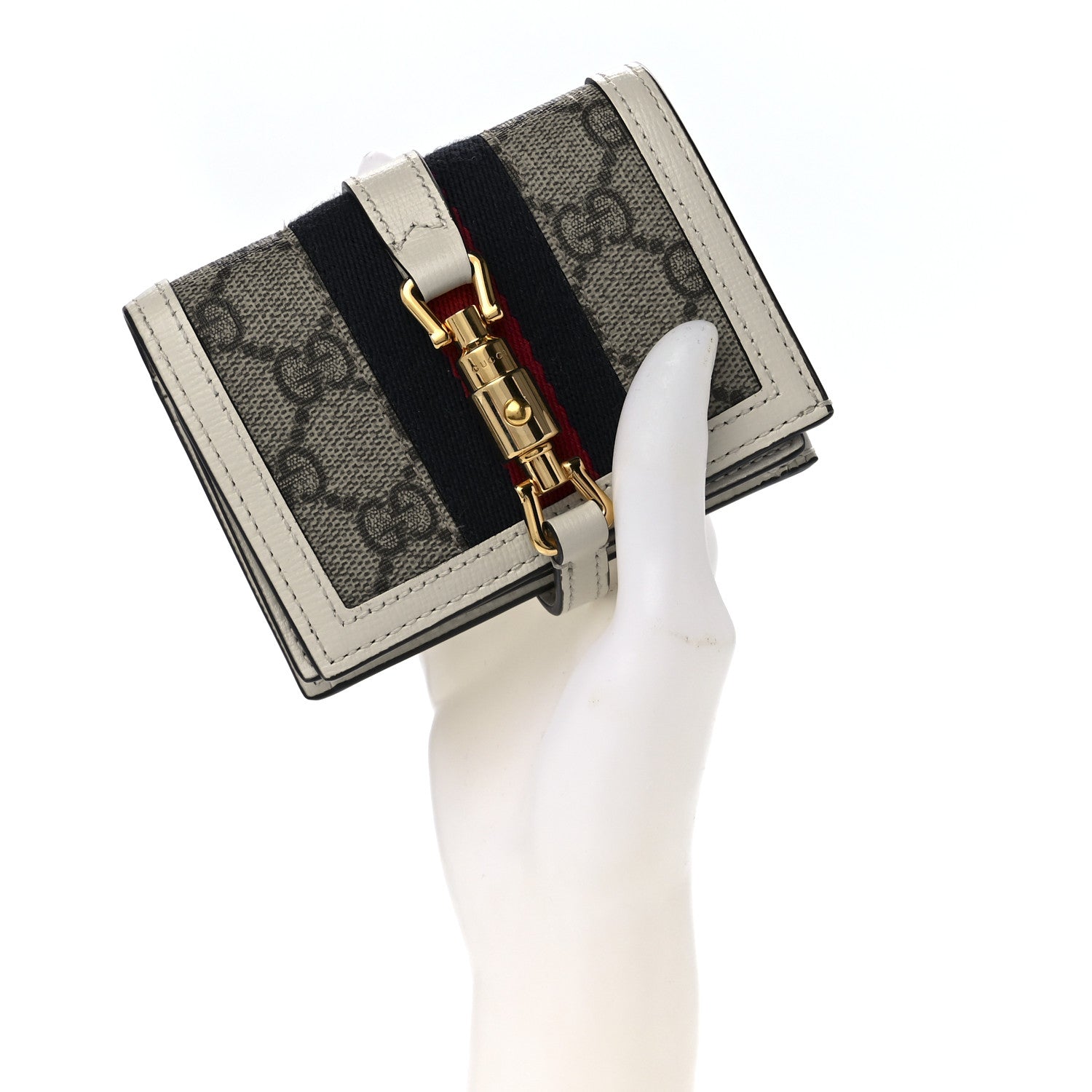 Gucci GG Supreme Monogram Textured Dollar Calfskin Web Jackie 1961 Card Case Beige Ebony Mystic White 2 of 12