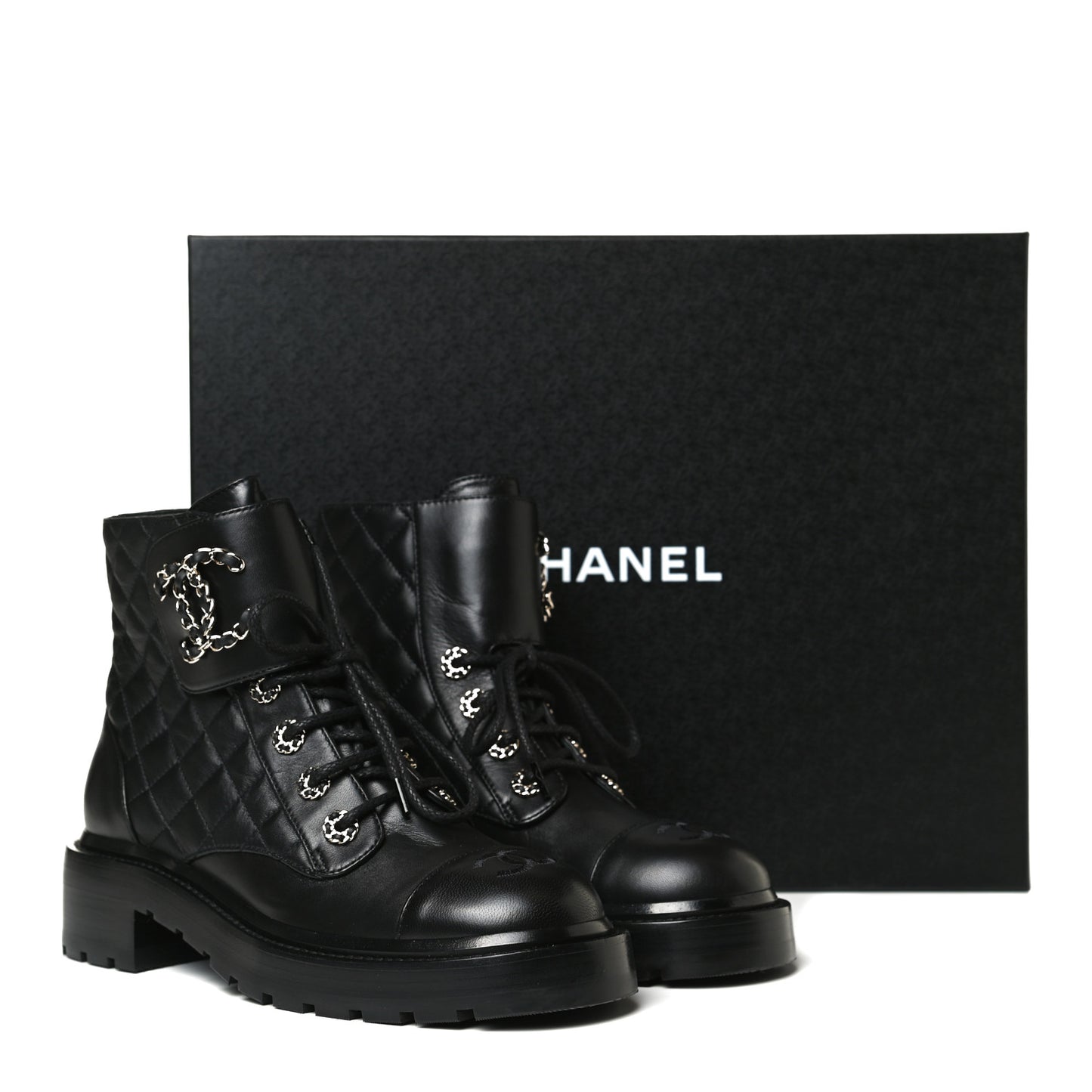 Shiny Lambskin Quilted Lace Up Combat Boots 37.5 Black