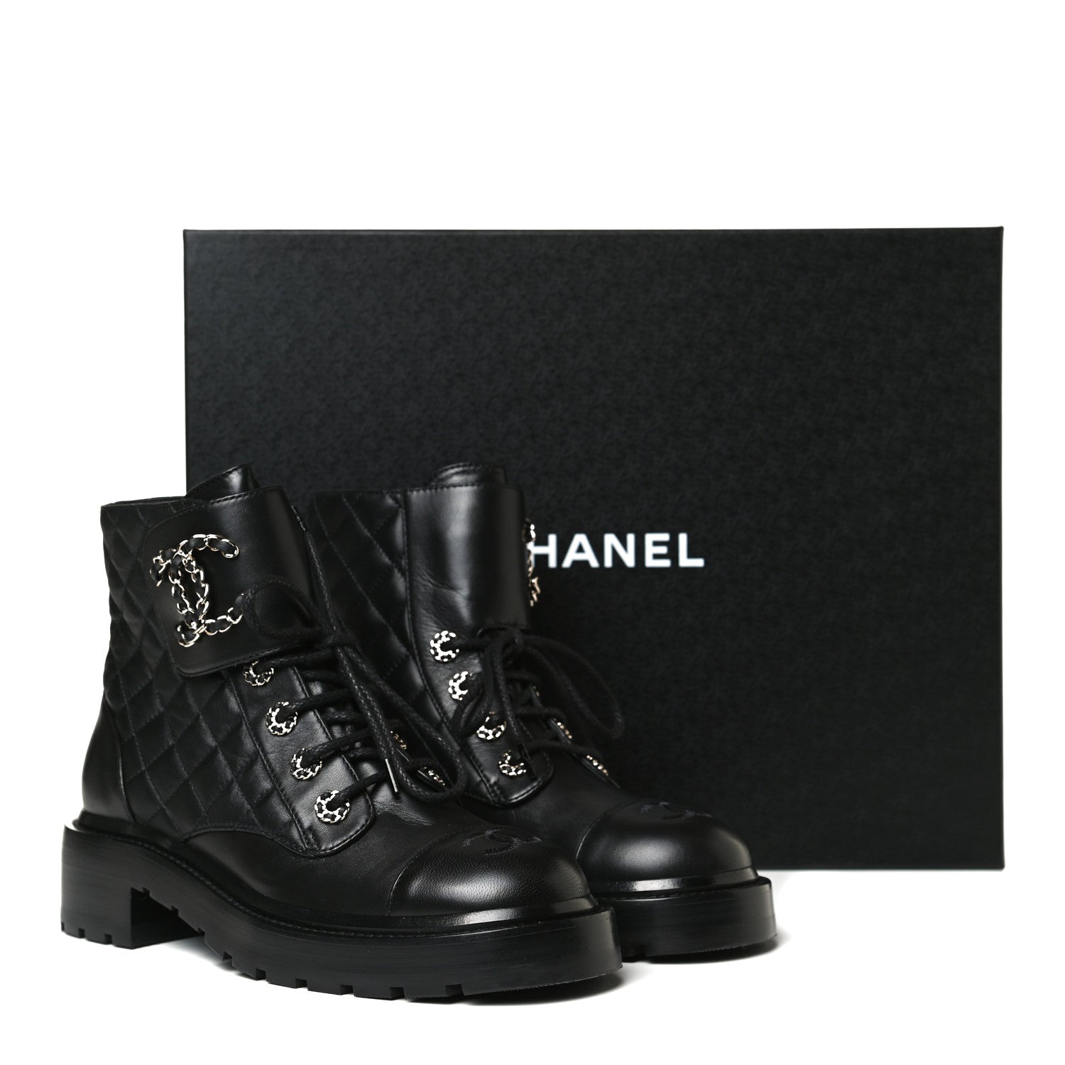 Chanel Shiny Lambskin Quilted Lace Up Combat Boots 37.5 Black 14 of 14