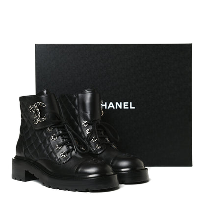 Chanel Shiny Lambskin Quilted Lace Up Combat Boots 37.5 Black 14 of 14