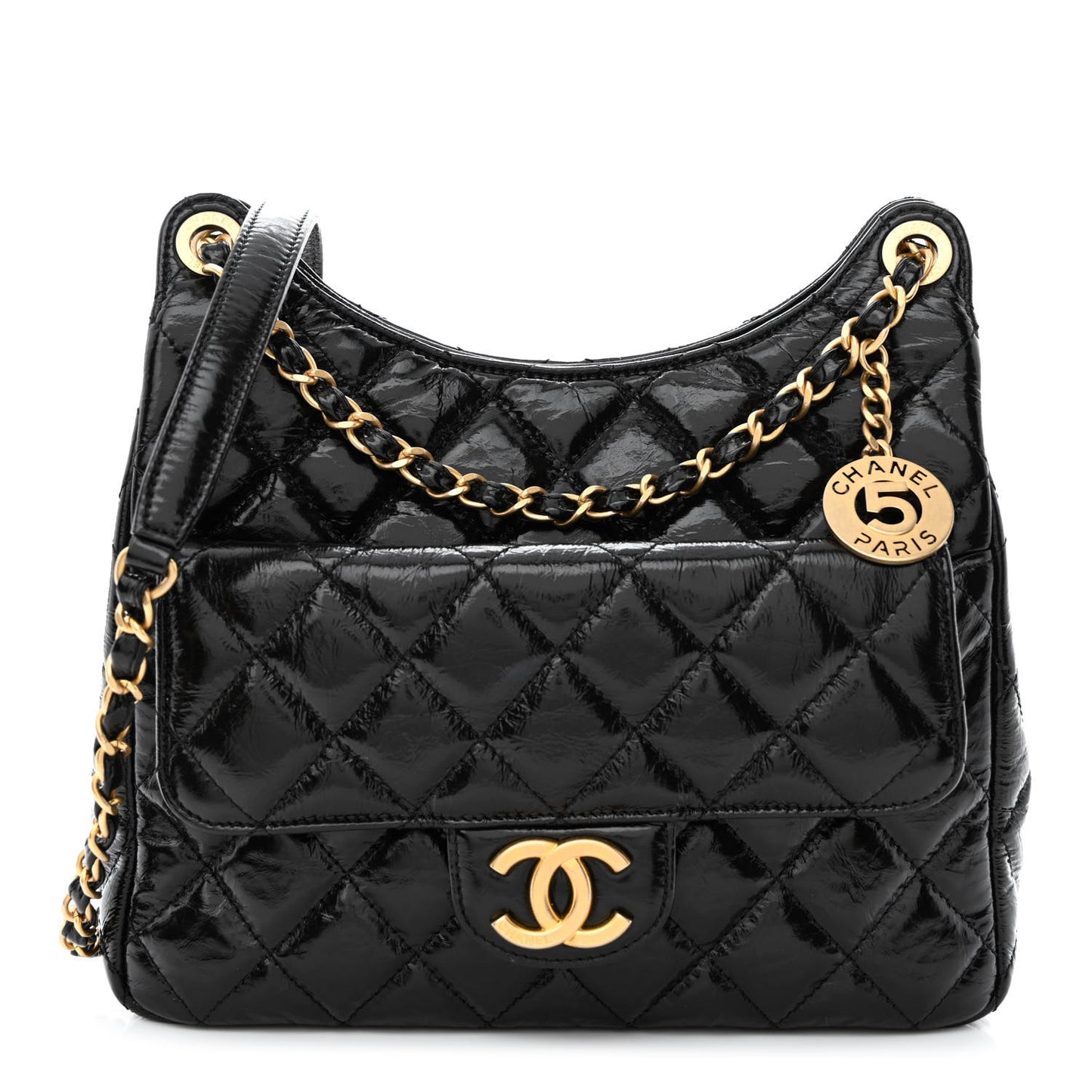 Shiny Crumpled Calfskin Quilted Wavy CC Hobo Black