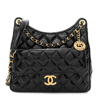 Chanel Shiny Crumpled Calfskin Quilted Wavy CC Hobo Black 1 of 12