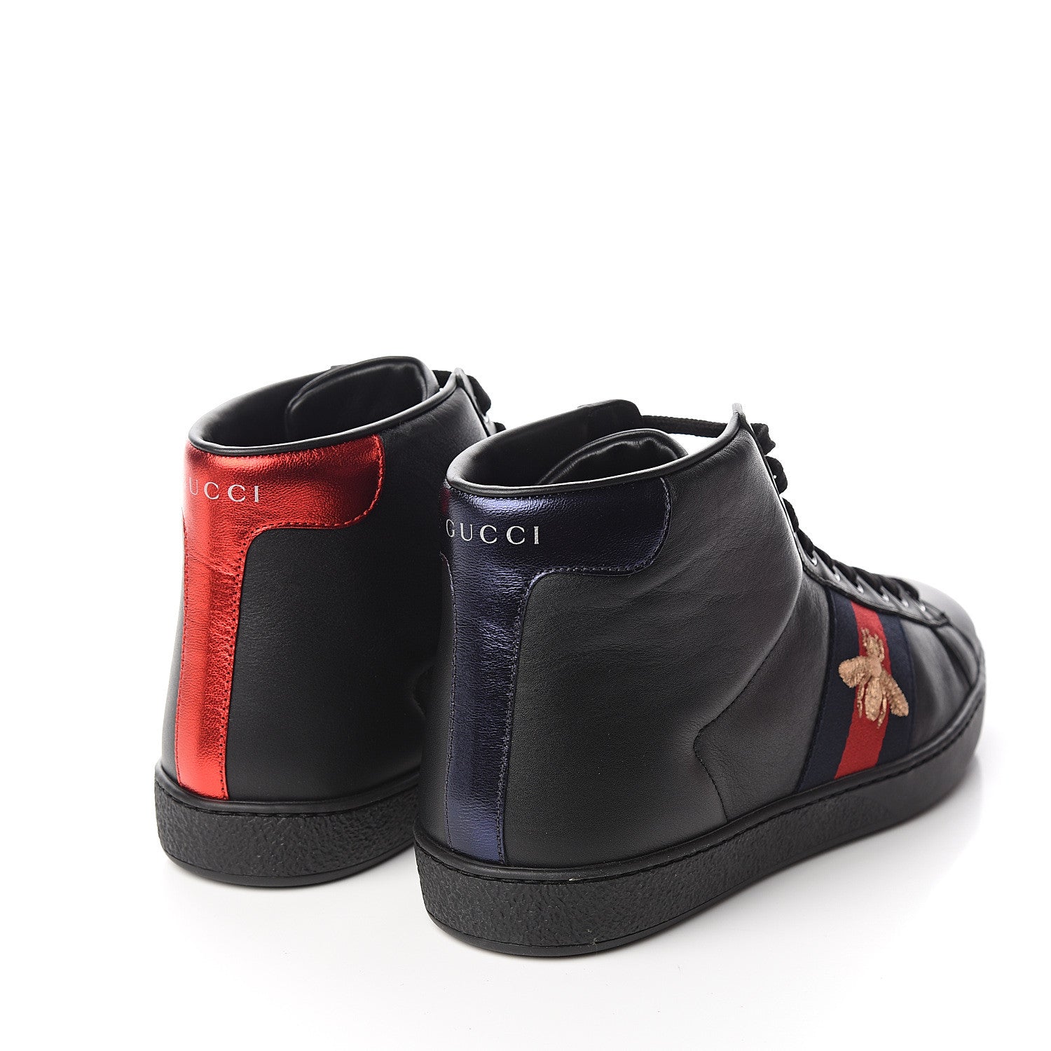 Gucci Calfskin Miro Soft Web Bee Embroidered Mens Ace High Top Sneakers 6.5 Black 4 of 9