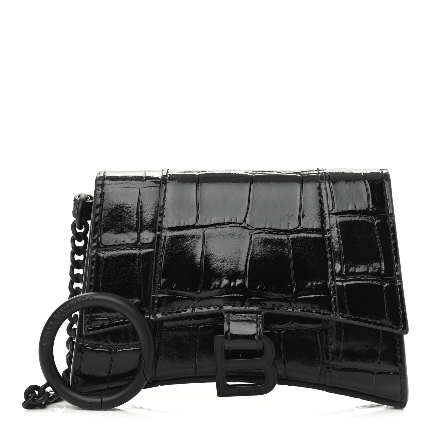 Shiny Calfskin Monochrome Crocodile Embossed Hourglass Chain Cardholder Black