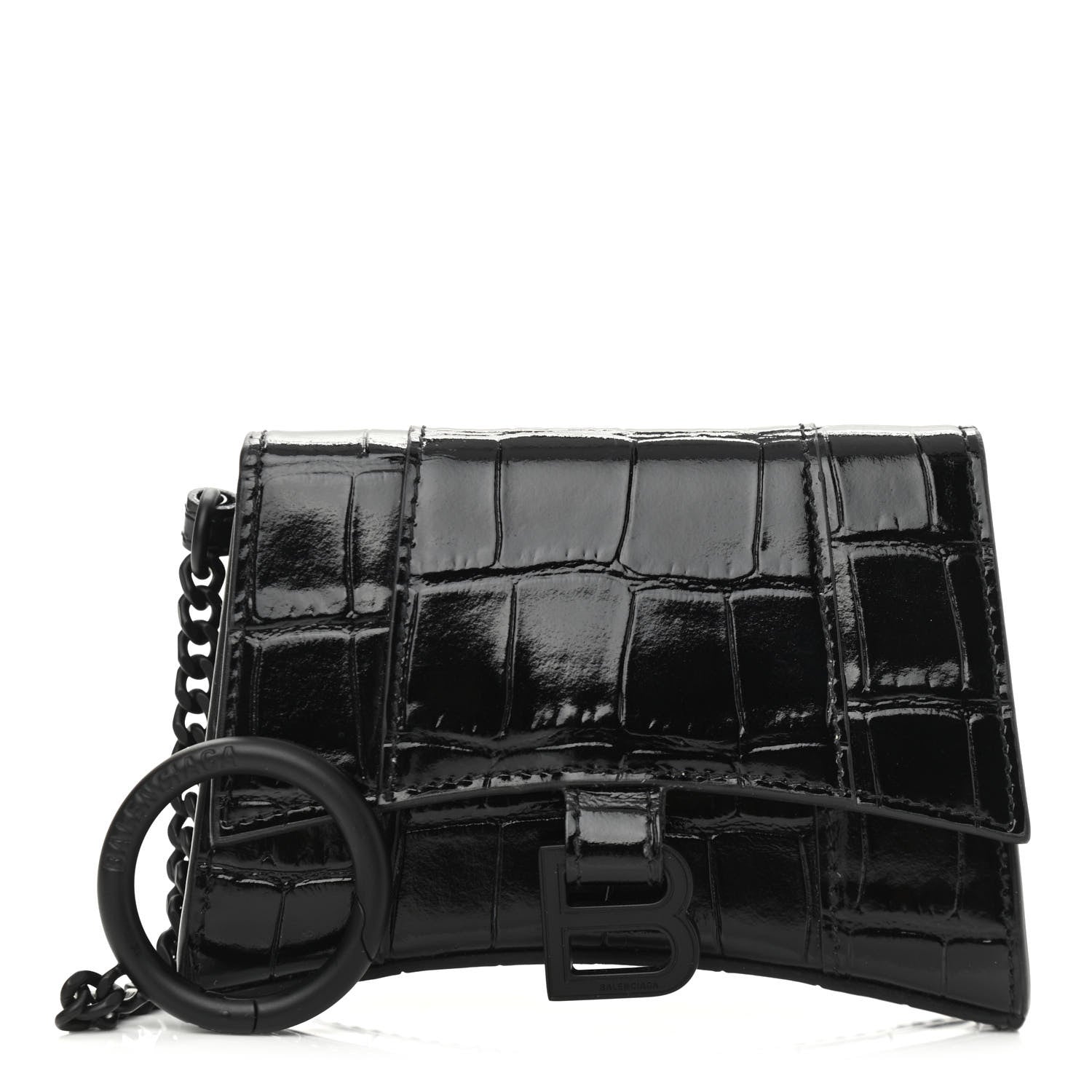 Balenciaga Shiny Calfskin Monochrome Crocodile Embossed Hourglass Chain Cardholder Black 1 of 13