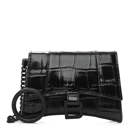 Balenciaga Shiny Calfskin Monochrome Crocodile Embossed Hourglass Chain Cardholder Black 1 of 13