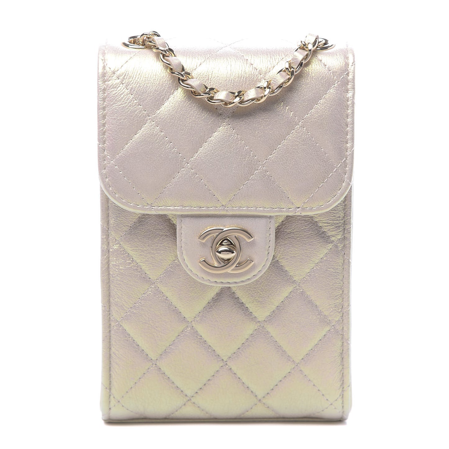 Iridescent Lambskin Quilted CC Phone Holder Ivory
