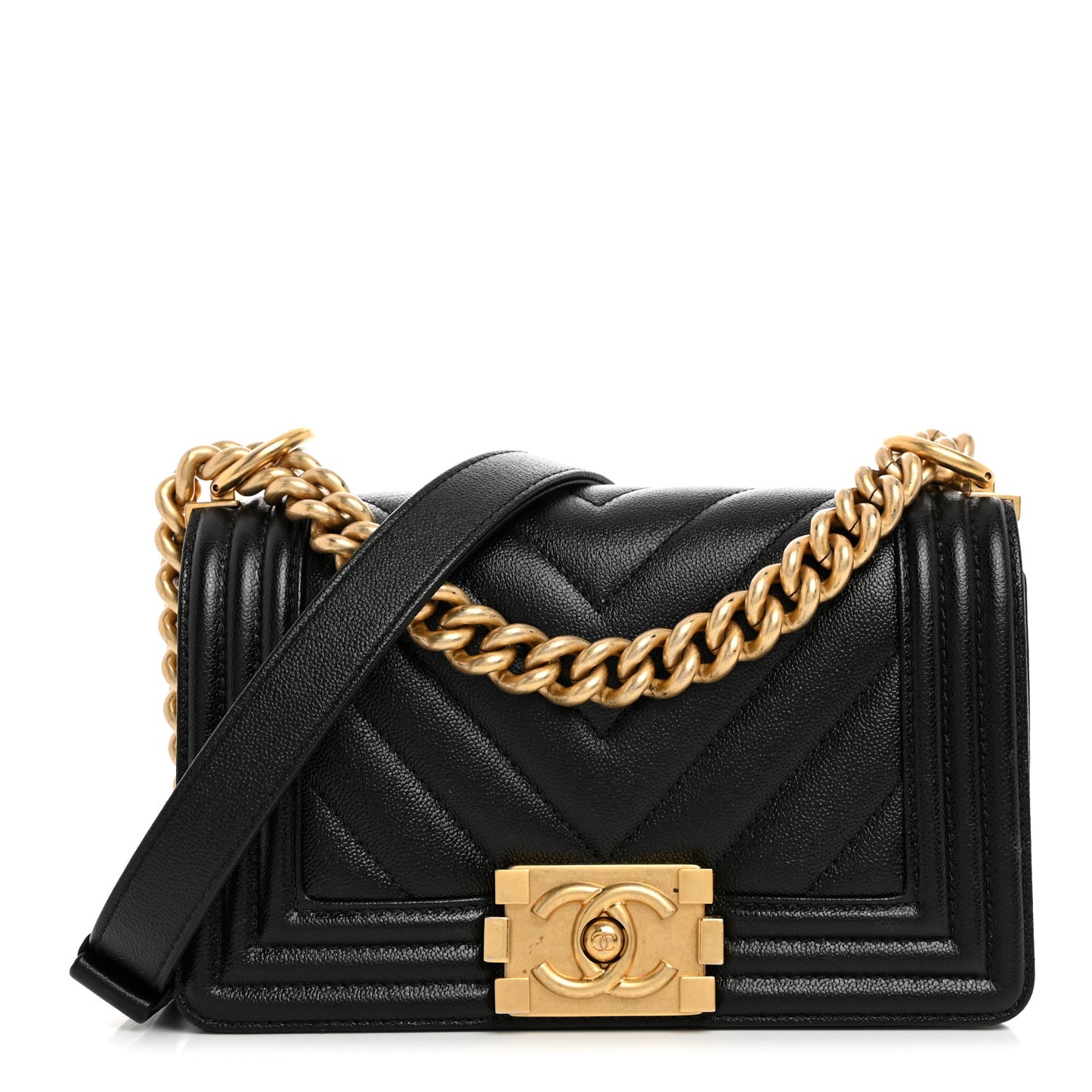 Caviar Chevron Quilted Small Boy Flap Black