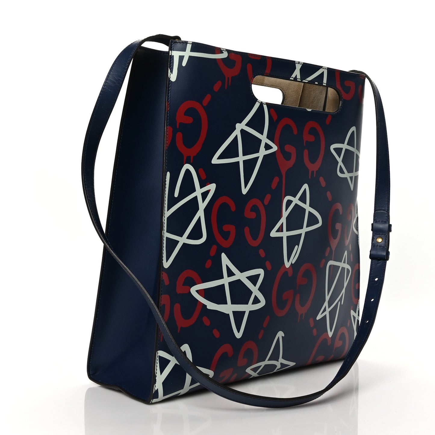Calfskin GucciGhost Medium XL Tote Blue Agata Hibiscus Red