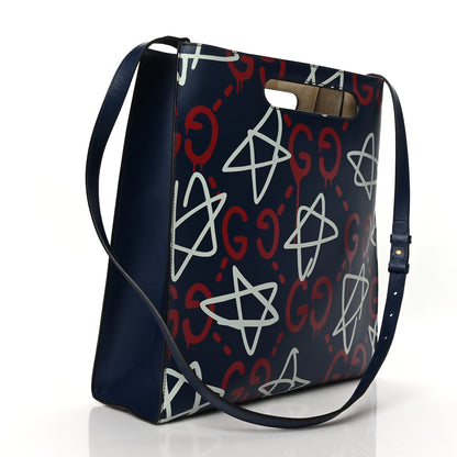 Gucci Calfskin GucciGhost Medium XL Tote Blue Agata Hibiscus Red 3 of 8