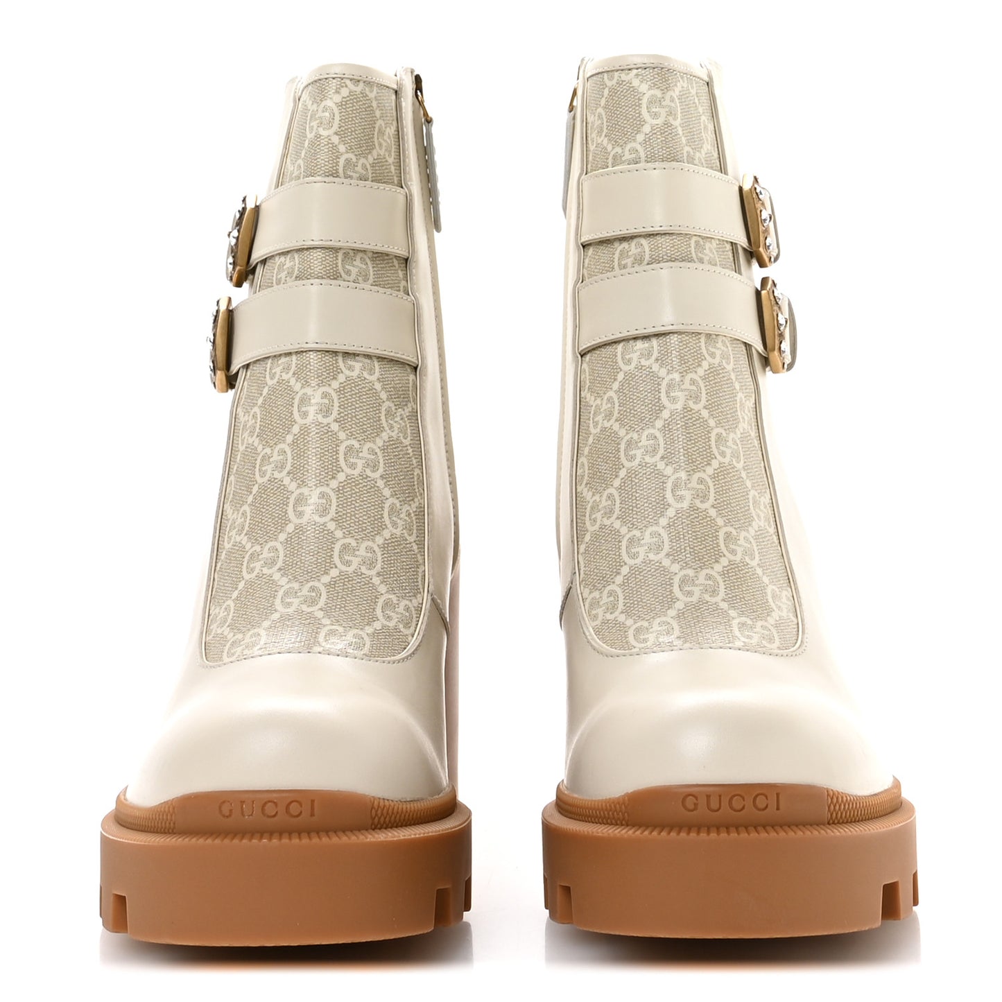 Kensington Calfskin Nappa GG Supreme Monogram Womens Double Buckle Ankle Boots 41.5 Mystic White Beige