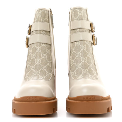 Gucci Kensington Calfskin Nappa GG Supreme Monogram Womens Double Buckle Ankle Boots 41.5 Mystic White Beige 3 of 9