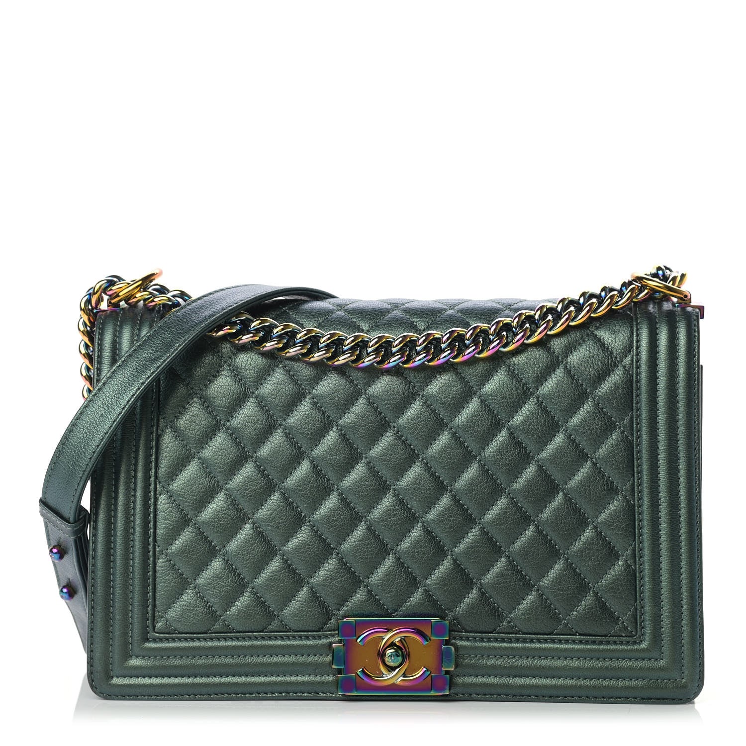 Chanel Iridescent Goatskin Quilted New Medium Boy Flap Green 1 of 11