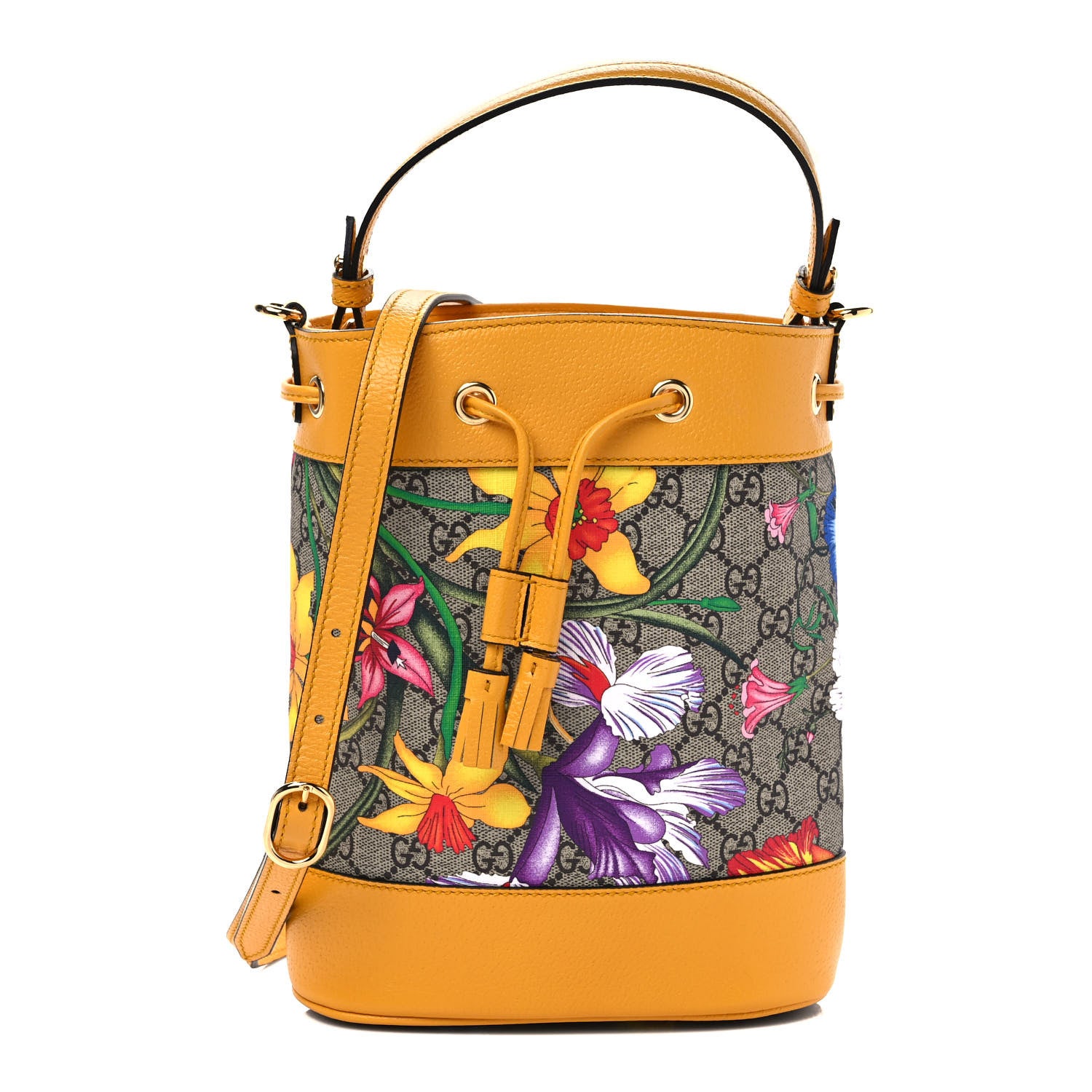 Gucci GG Supreme Monogram Flora Small Ophidia Bucket Bag Beige Multicolor Crop 1 of 10