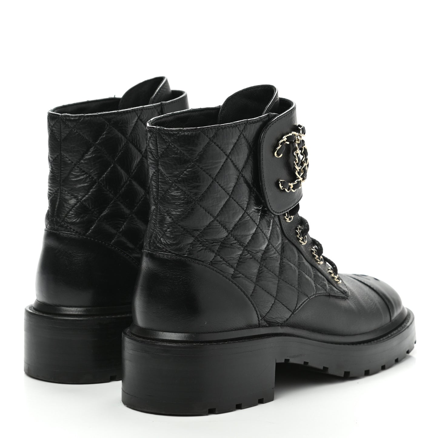 Shiny Goatskin Calfskin Quilted Lace Up Combat Boots 39 Black