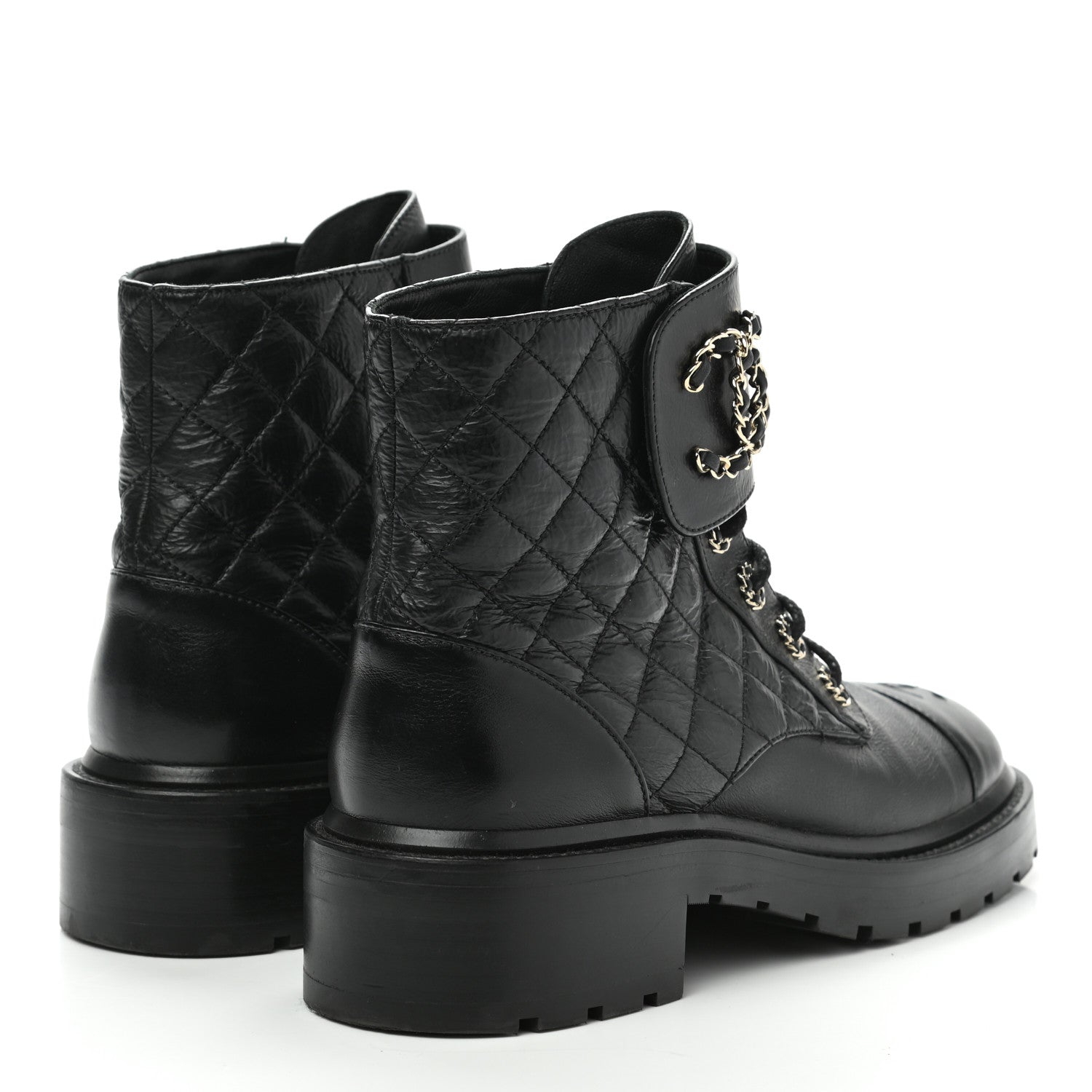 Chanel Shiny Goatskin Calfskin Quilted Lace Up Combat Boots 39 Black 4 of 10