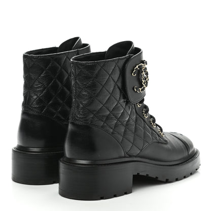 Chanel Shiny Goatskin Calfskin Quilted Lace Up Combat Boots 39 Black 4 of 10