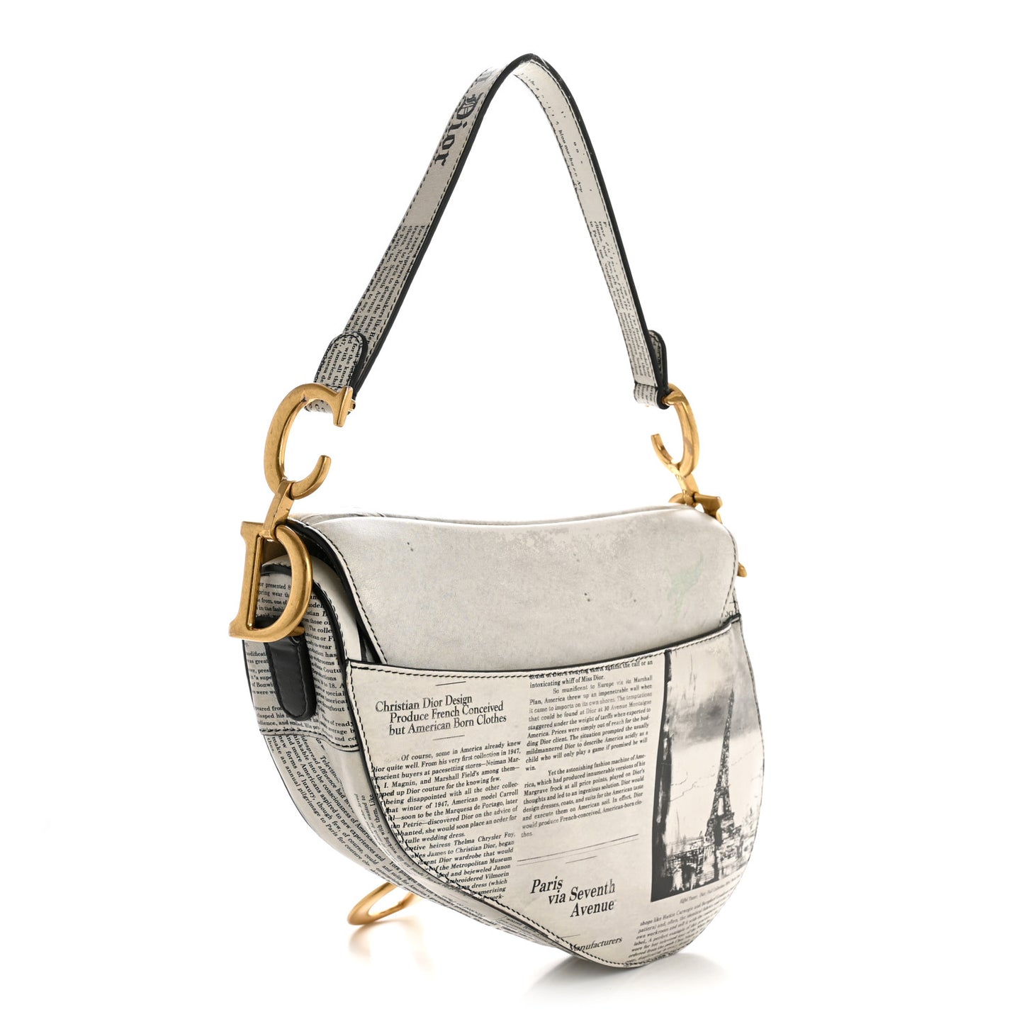 Calfskin Newspaper Printed Saddle Bag Black White