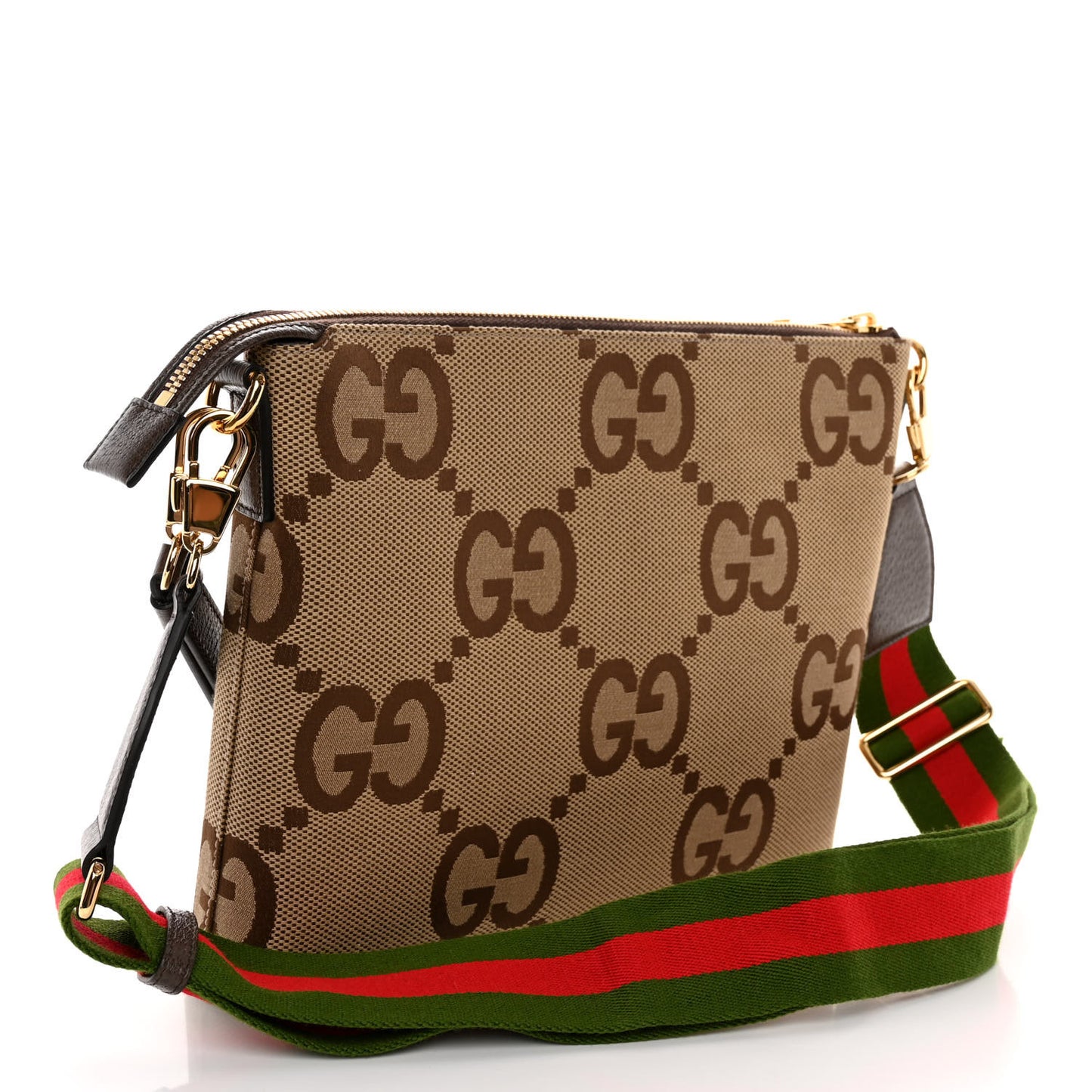 Monogram Jumbo GG Textured Dollar Calfskin Web Wristlet Messenger Bag Camel Ebony New Acero
