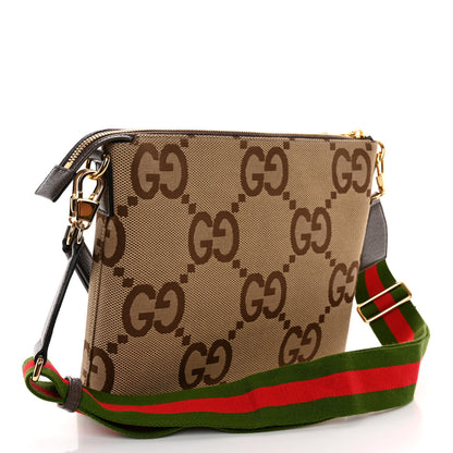 Gucci Monogram Jumbo GG Textured Dollar Calfskin Web Wristlet Messenger Bag Camel Ebony New Acero 3 of 9