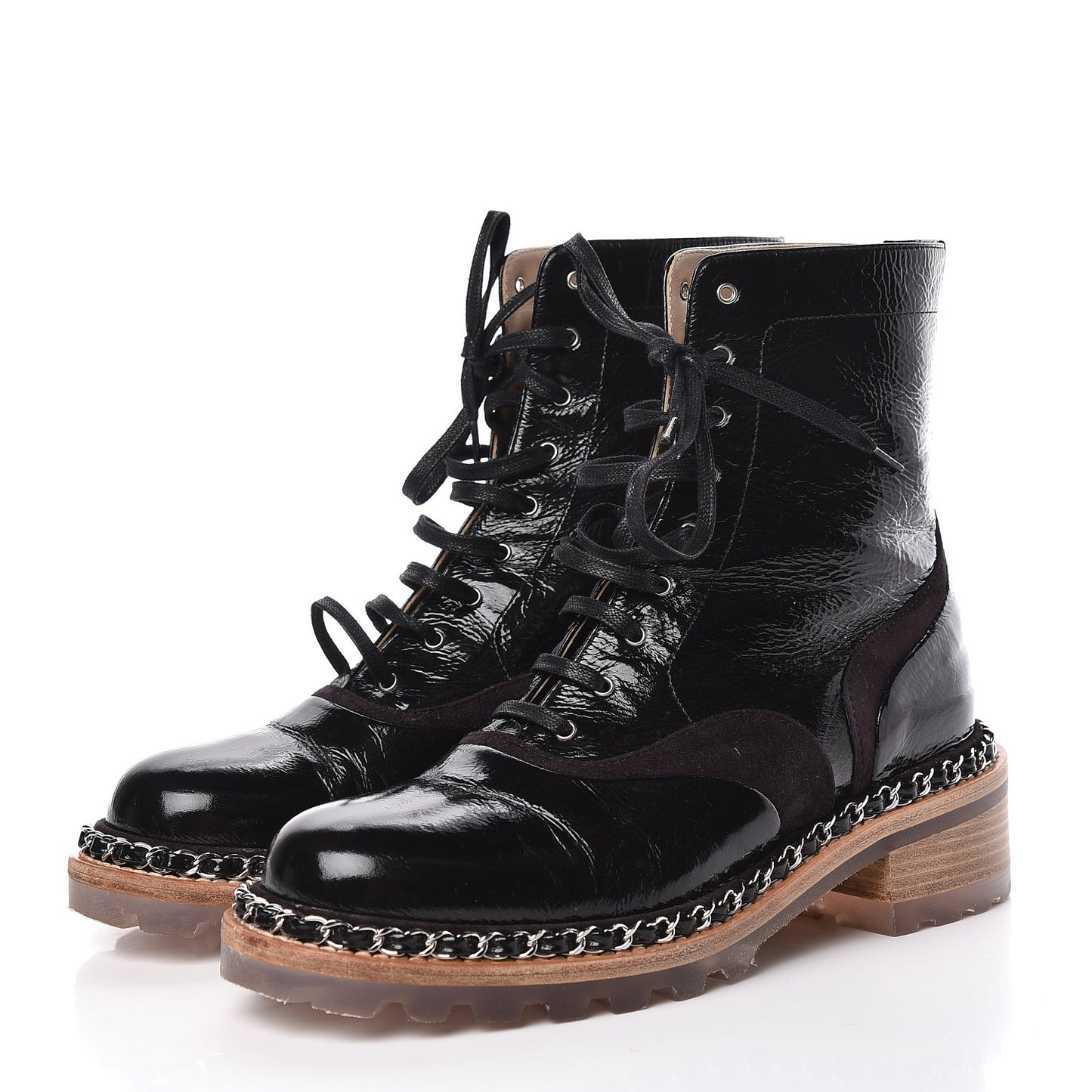 Patent Suede Calfskin Lace Up Short Boots 36 Black Dark Brown