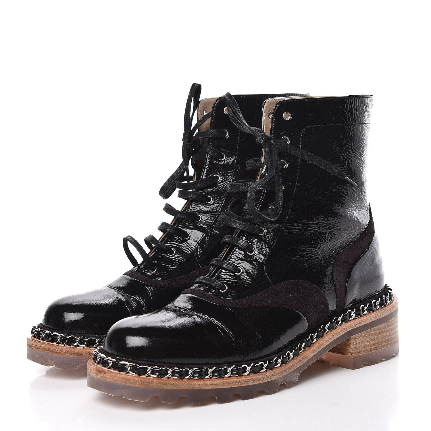 Chanel Patent Suede Calfskin Lace Up Short Boots 36 Black Dark Brown 3 of 13