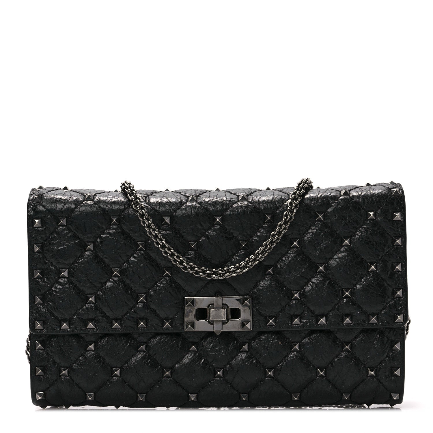 Valentino Garavani Craquele Nappa Rockstud Spike Wallet on Chain Black 1 of 8