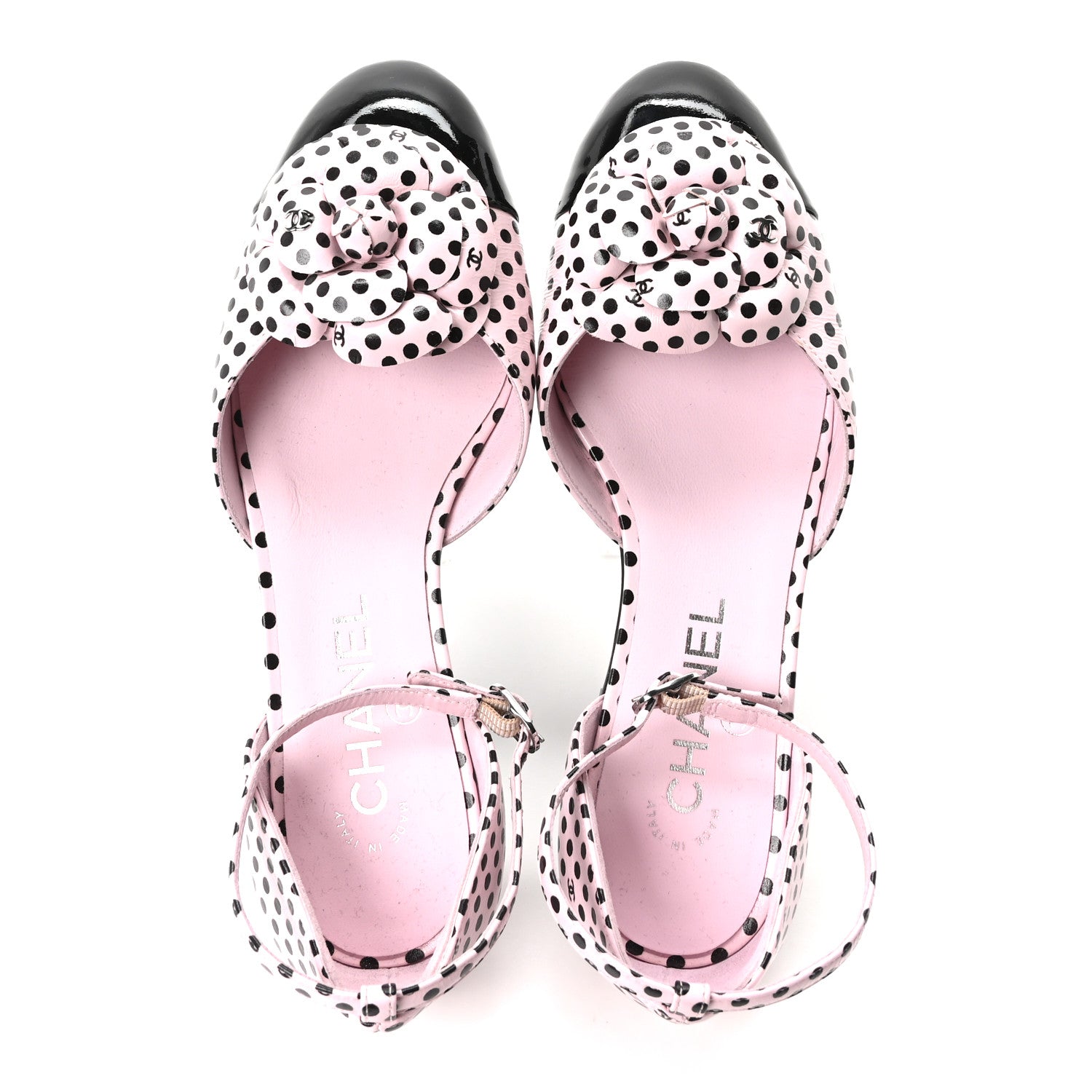 Chanel Lambskin Patent Calfskin Cap Toe Polka Dot Camellia Mary Jane Flats 36 Pink Black 5 of 9