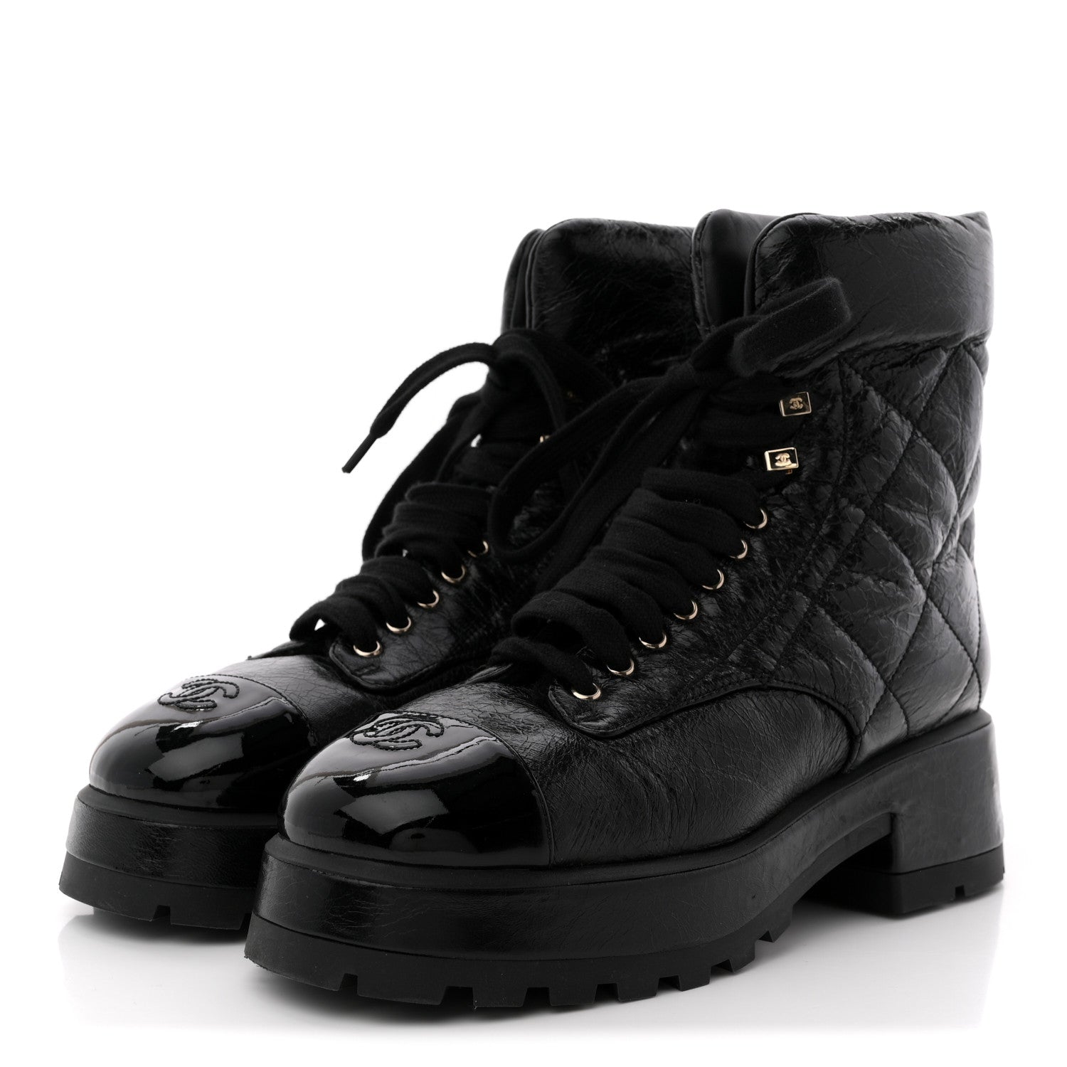 Chanel Crumpled Patent Lambskin Calfskin Quilted Lace Up Combat Boots 41.5 Black 4 of 12