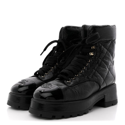 Chanel Crumpled Patent Lambskin Calfskin Quilted Lace Up Combat Boots 41.5 Black 4 of 12