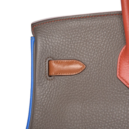 Hermes Taurillon Clemence Arlequin Birkin 35 Orange Sanguine Gold Bleu Lin Bleu Hydra Etain 26 of 35
