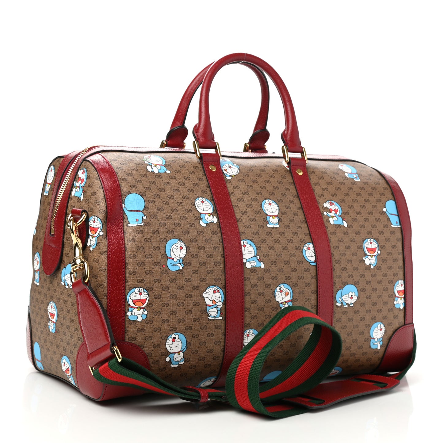 X DORAEMON Mini Vintage GG Supreme Monogram Web Duffle Travel Bag Beige Cherry Red